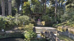 浄智寺の苔むした石橋と木々に囲まれた総門への石段